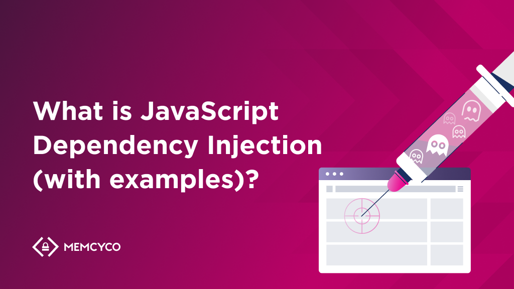 A syringe labeled with code icons points at a web browser window; text reads "What is JavaScript Dependency Injection (with examples)?"—highlighting how JavaScript Dependency Injection works—with the MEMCYCO logo displayed.