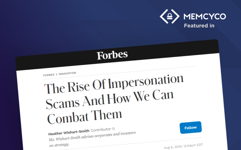 A Forbes article titled "The Rise Of Impersonation Scams And How We Can Combat Them" is displayed on a background featuring the Memcyco logo and "Featured in" text, highlighting the importance of online security to combat scams.