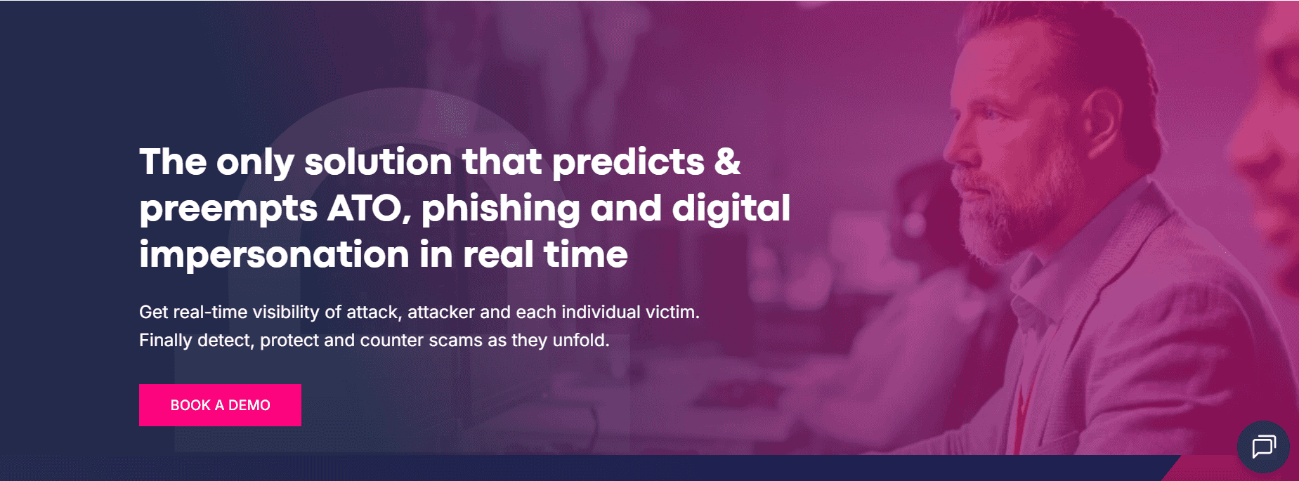 Memcyco webpage featuring the headline “The only solution that predicts & preempts ATO, phishing and digital impersonation in real time” with Book a Demo button.