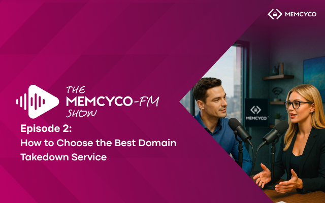 Two people sit at microphones in a recording studio for The MemcycoFM Show: Episode 2, discussing how to choose the best domain takedown service.