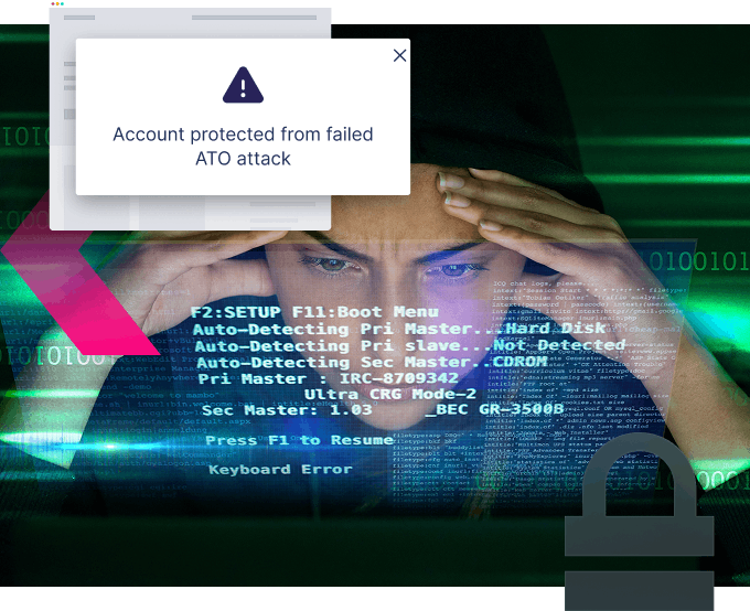 A person looks at a computer screen displaying security alerts and code, with a notification reading "Account protected from failed ATO attack," showing how to stop more ATOs before they cause harm.