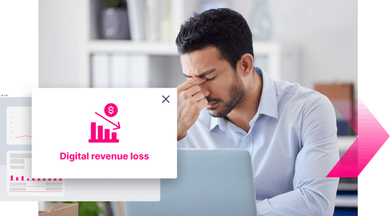 A man sits at a desk looking stressed, with a pop-up graphic in the foreground showing a downward graph and the text "Digital revenue loss" due to SEO poisoning.