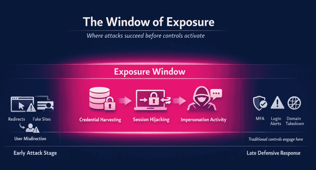 Diagram showing the fraud exposure window where impersonation and credential harvesting occur before traditional fraud controls activate